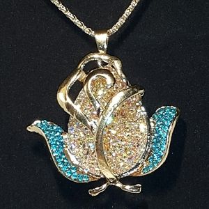#308 Gold Rose Necklace Blue Rhinestone Crystal Sparkle